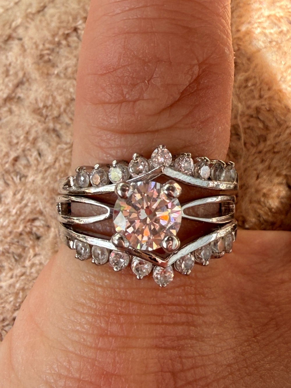 Vintage SETA Silver Round CZ Solitaire & Double Enhancer Bridal Ring Sz 5/6